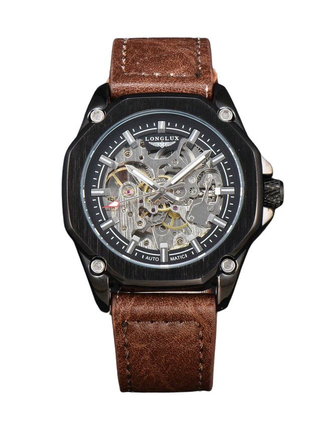 relógio automático
relógio em aço
relógio masculino
relógio preto
pulseira em couro