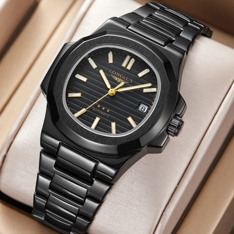 relógio pulseira em aço
relógio preto
relógio masculino
relógio em aço
relógio automático