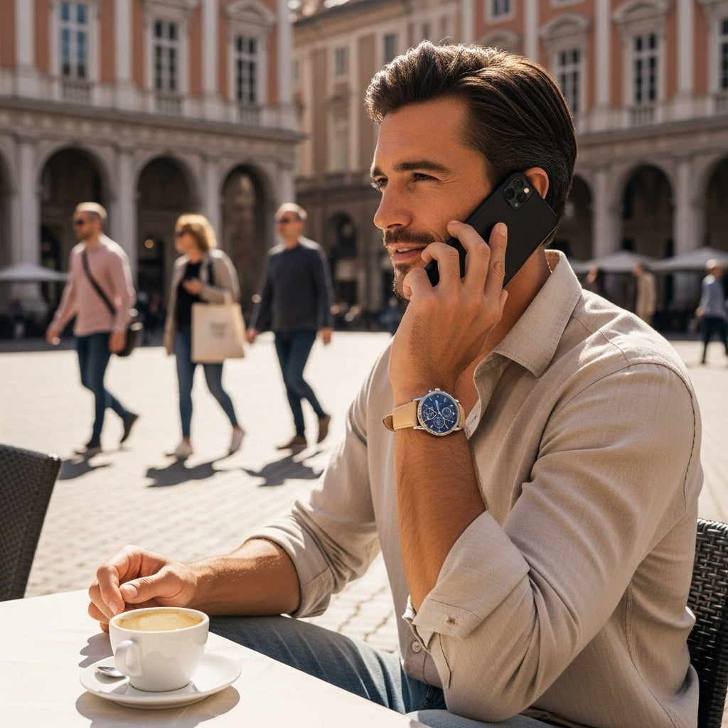 Relógio Marculino prata pulseira em couro Versante